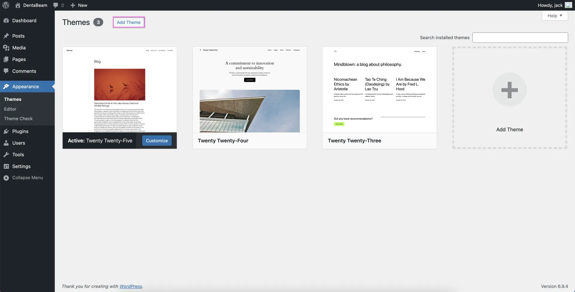 Wordpress Add Theme Screen