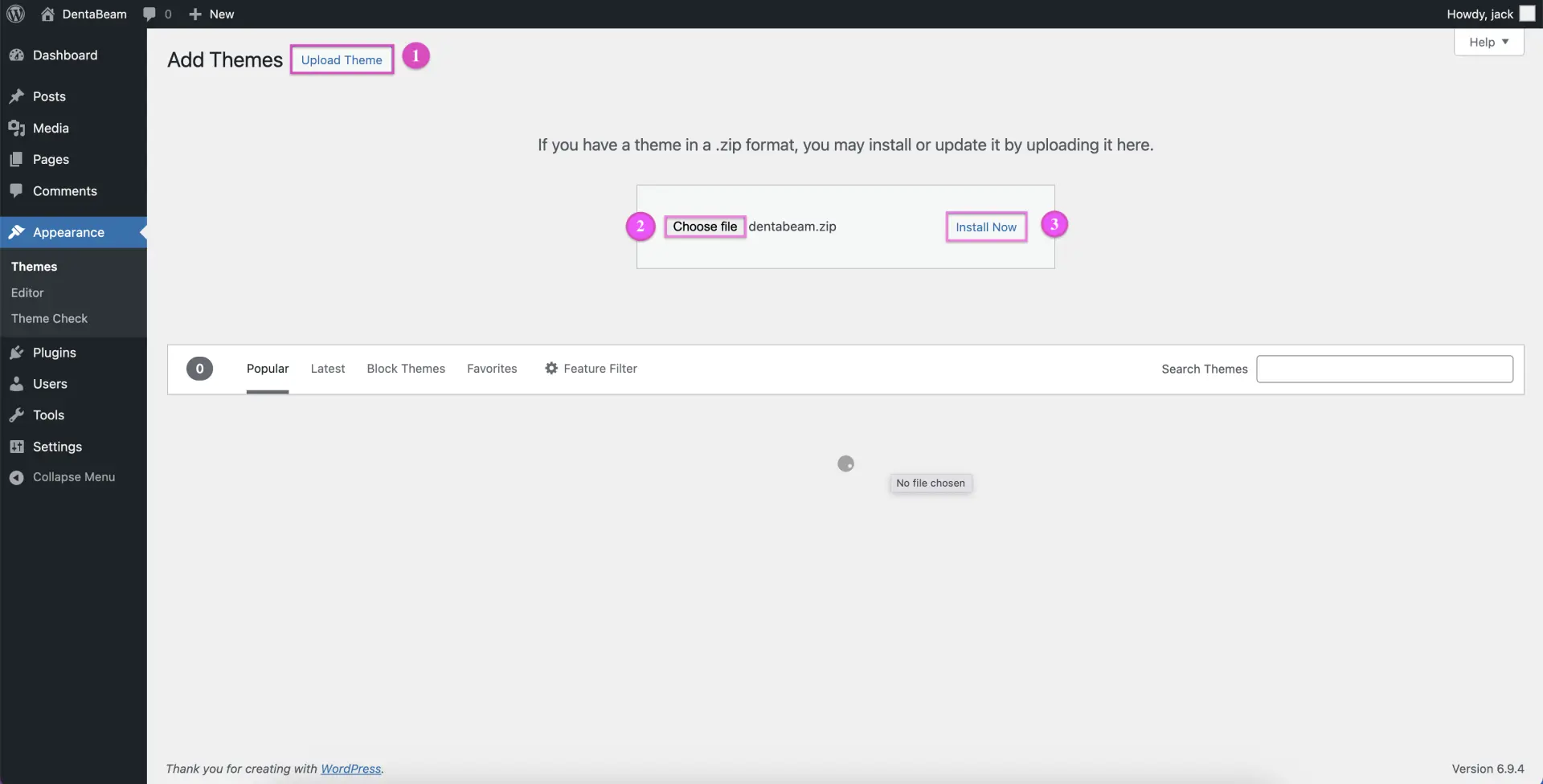 Wordpress Install Theme Screen