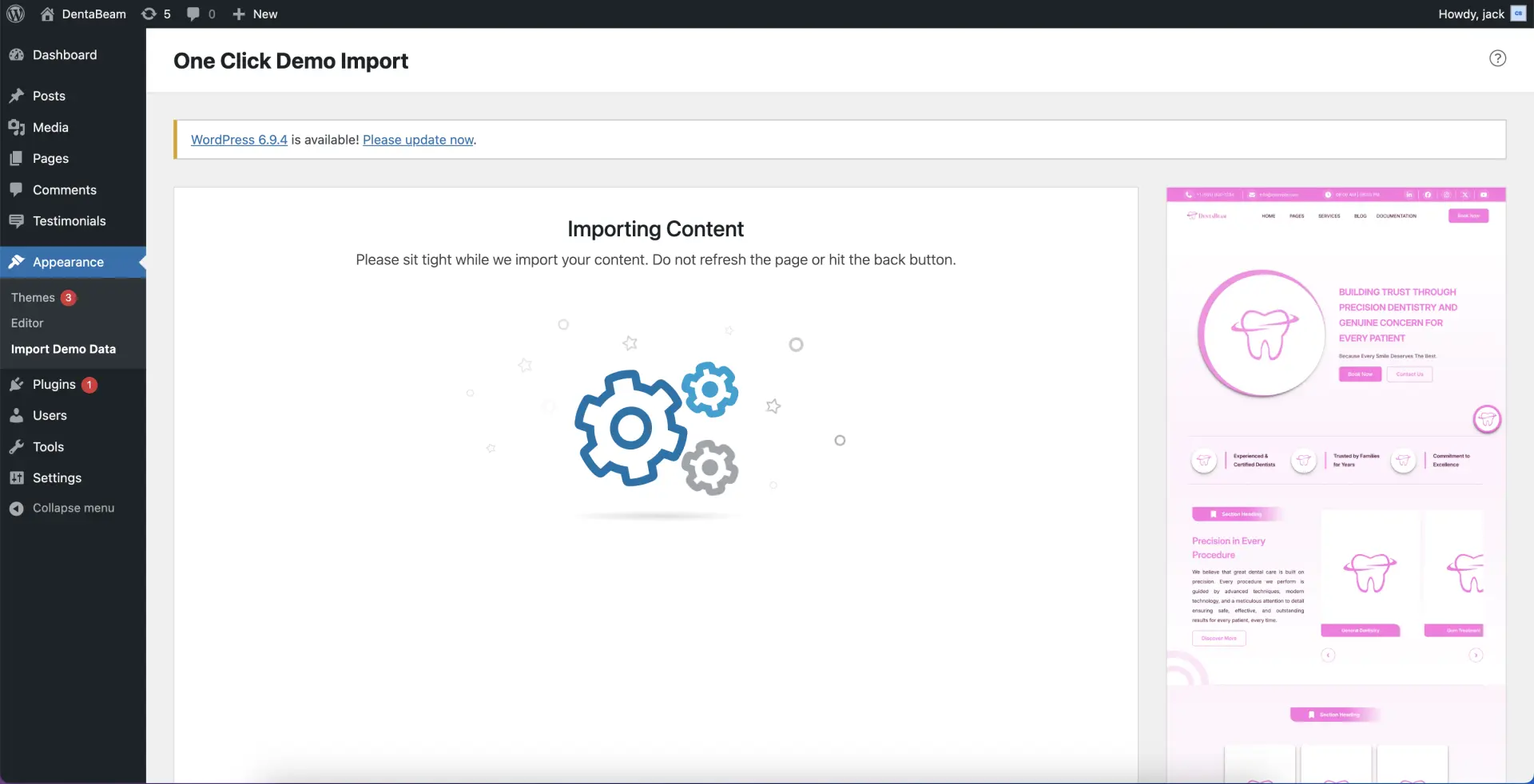 One click demo import settings