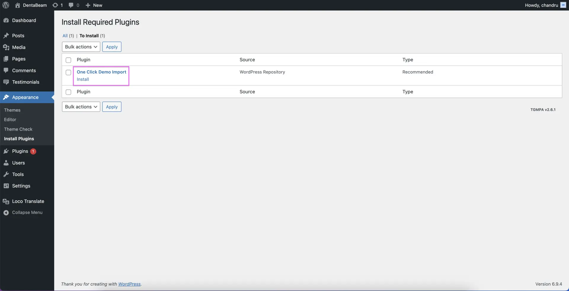 Plugin Install Screen