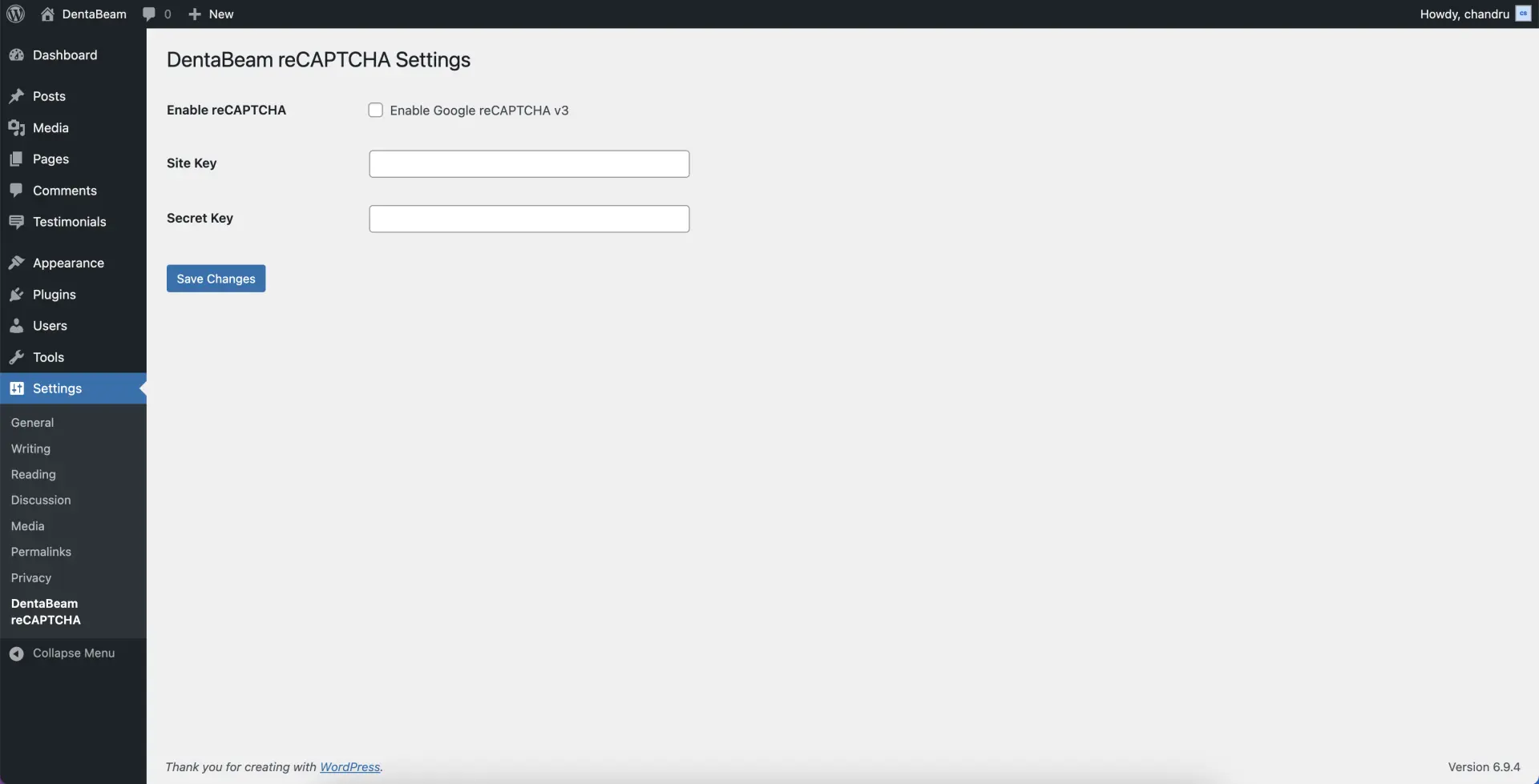DentaBeam reCAPTCHA Settings Screen