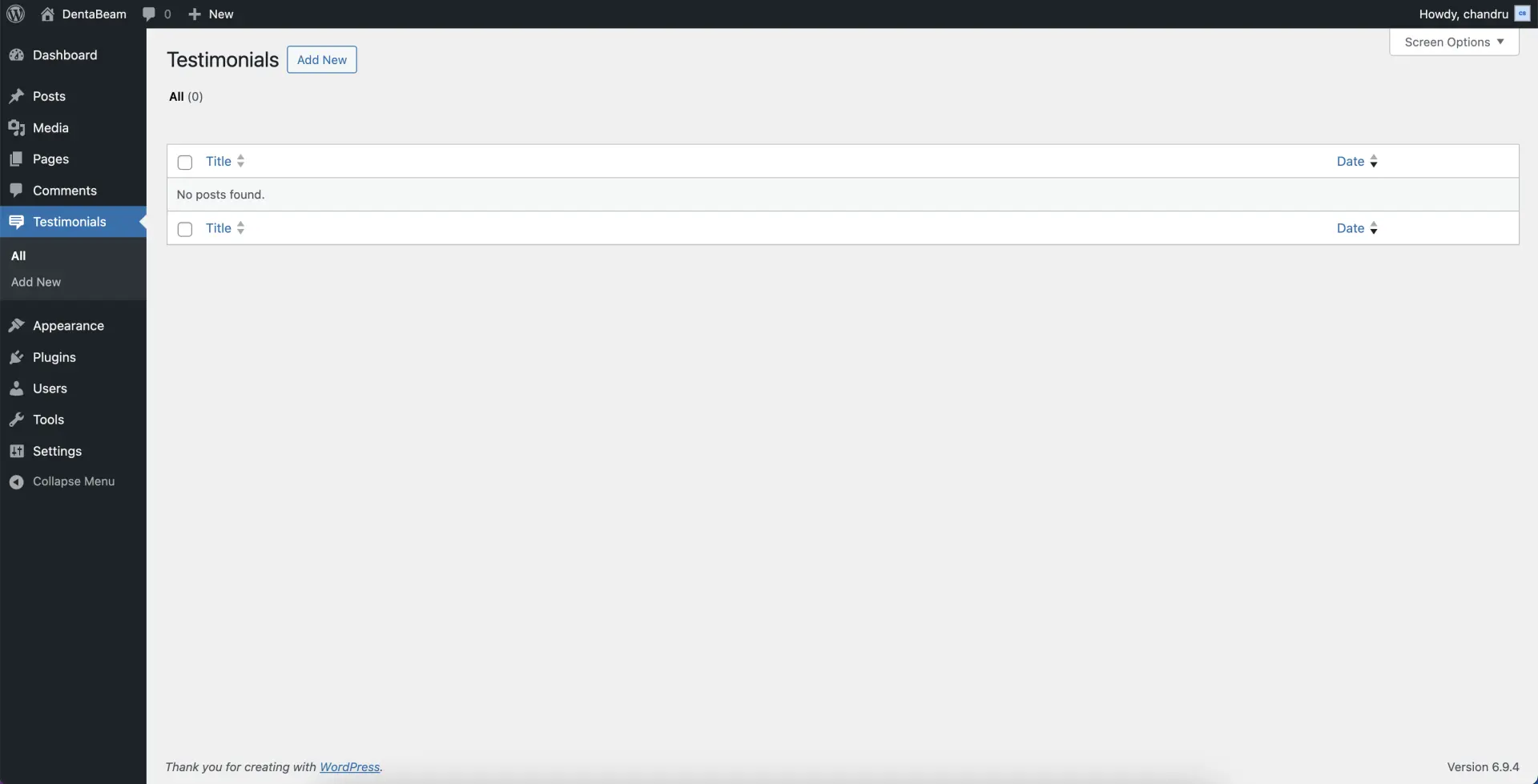 Testimonials Tab Screen