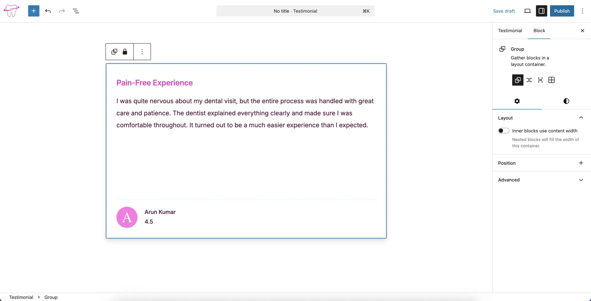 Testimonials Editor Screen